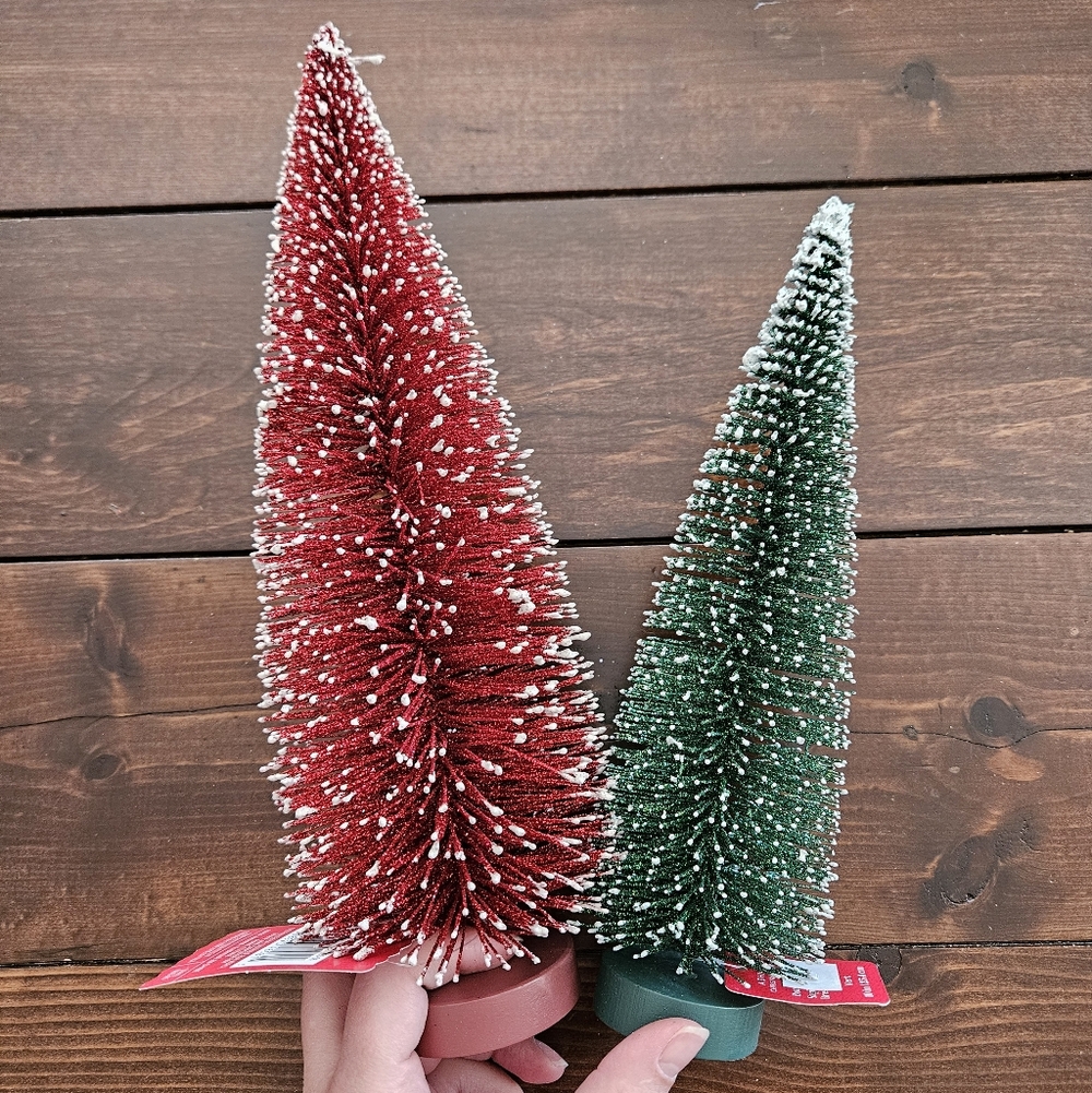 Ashland Christmas Set of 2 Glittery Bottle Brush Trees - Red 12in & Green 10in